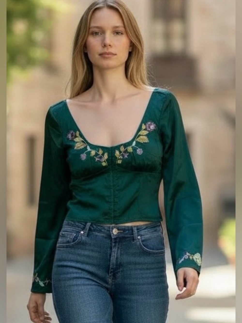 Free People Autumn Bloom Emerald Green Embroidered Crop Top